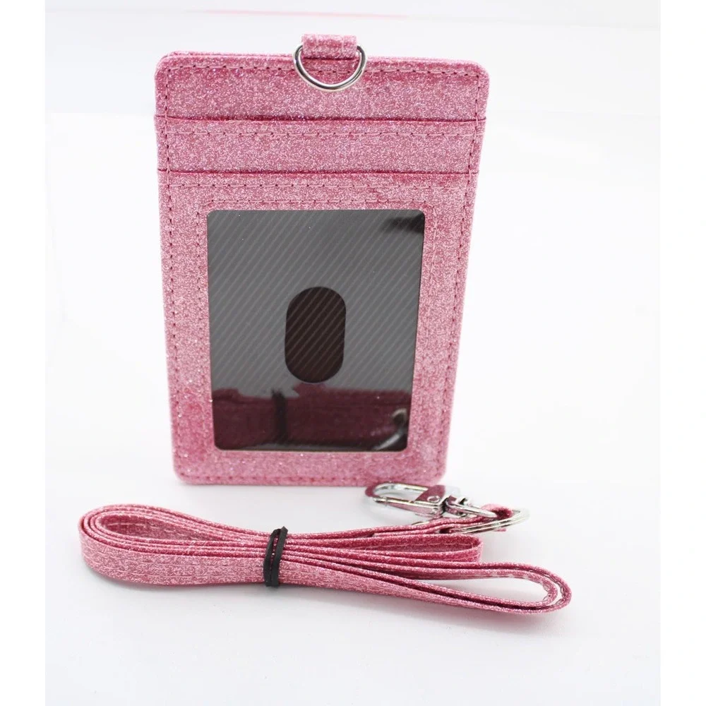 Azrra Pink Glitter ID Badge Holder‎ with Matching Lanyard Vertical Card Case